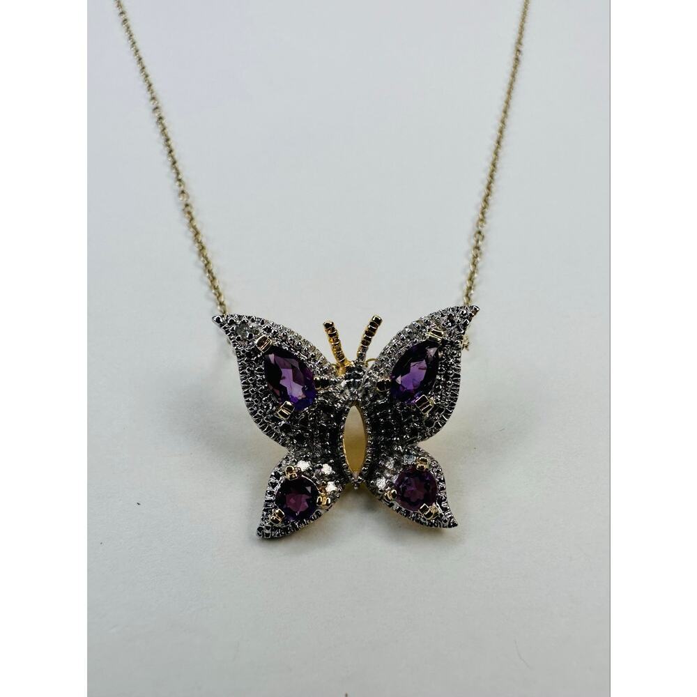 Sterling Silver and Gemstone Butterfly Pendant Necklace Possibly Amethyst